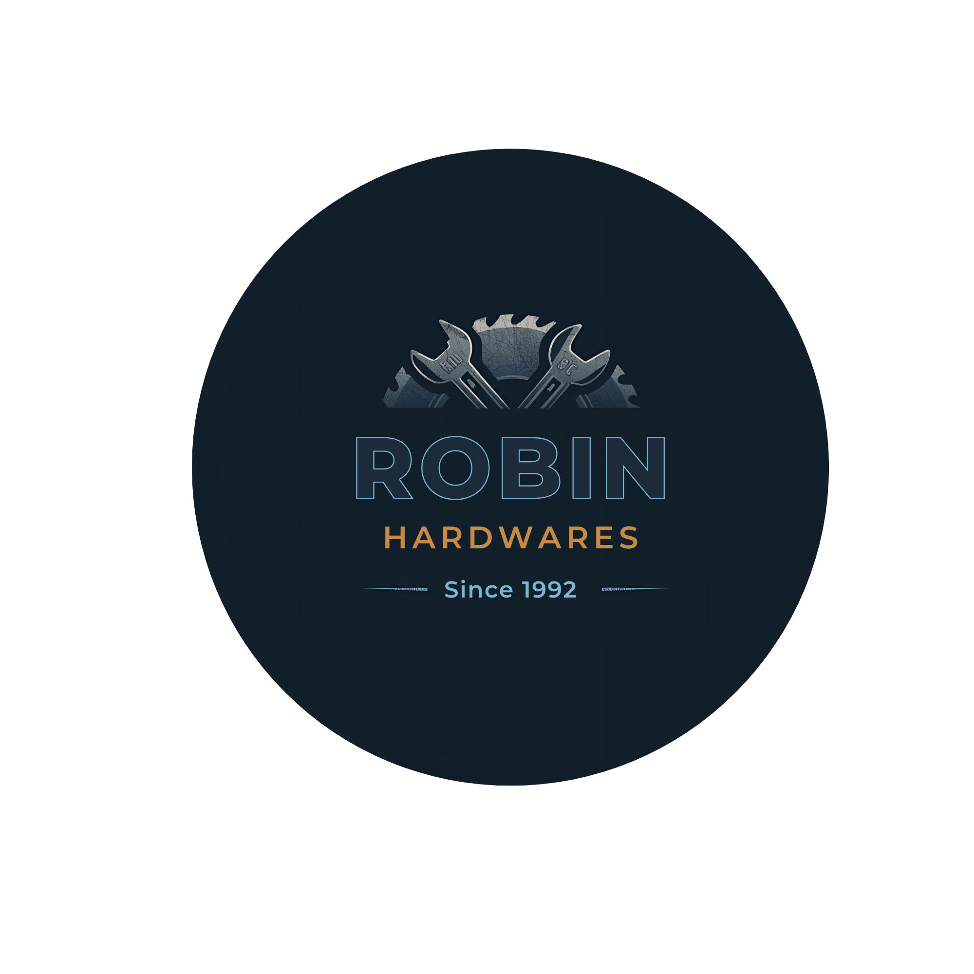 robin hardwares logo with wrench and saw blade
