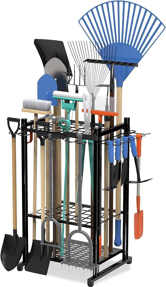 sttoraboks garden tool organizer with storage hooks, yard tool tower rack for garage organization and storage, up to 50 tools, heavy duty steel garden tool stand for garage, outdoor, home, black
